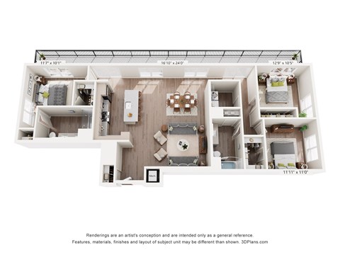 Floor plan for 3 beds, 2 baths, 1674 sqft